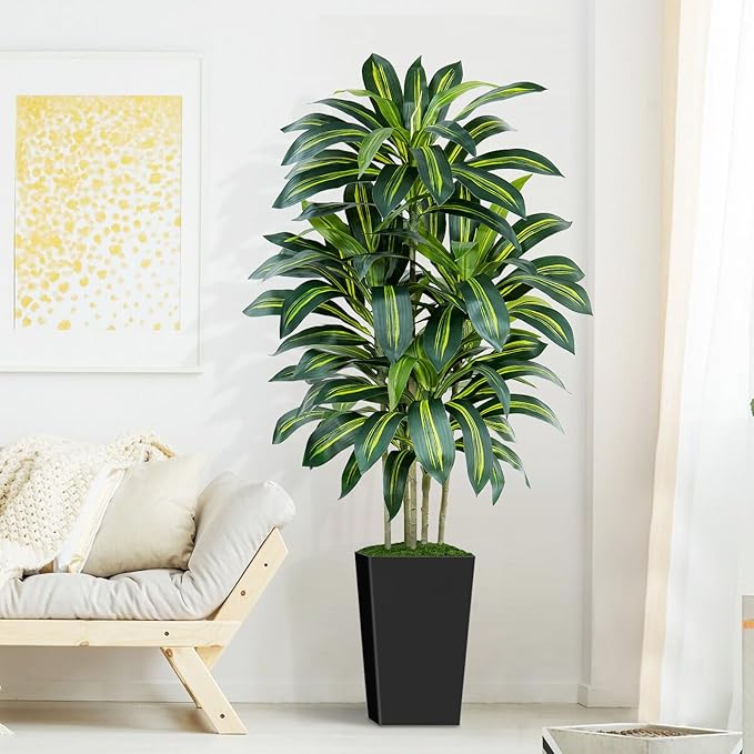 Keeplush 5FT Artificial Dracaena Tree - High-Density Foliage Fake Plant with Black Tall Planter - Faux Yucca Floor Plant for Home Office Decor Indoor