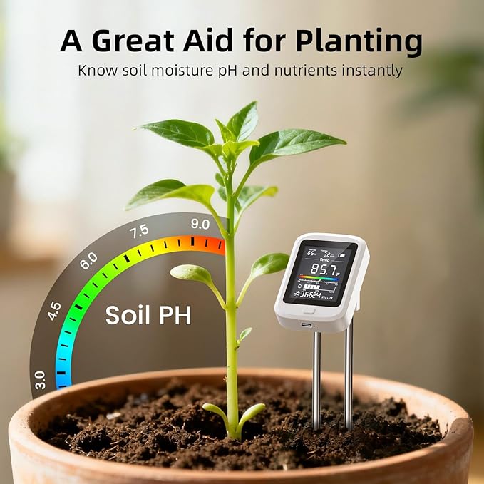 TERRU 6-in-1 Soil Moisture Meter with pH, Nutrient, Sunlight, Temperature & Humidity | Multi-Function Tester for Garden, Lawn and Indoor Plants | Factory-Permanent Calibration