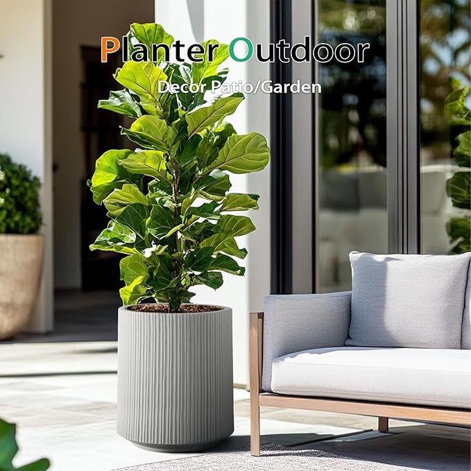Heyzier Concrete Planter Outdoor Indoor, Large Cement Plant Pots with Saucer for Trees Flowers (Vertical Gray, 17 inch)