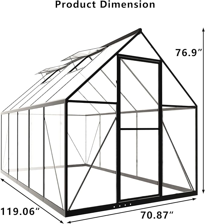 HOOYEAH Outdoor Polycarbonate Greenhouse, 6 x 10 FT Aluminum Frame Plant Green House with Locking Door & Roof Vent, Heavy Duty Winter Greenhouse for Backyard Gardening