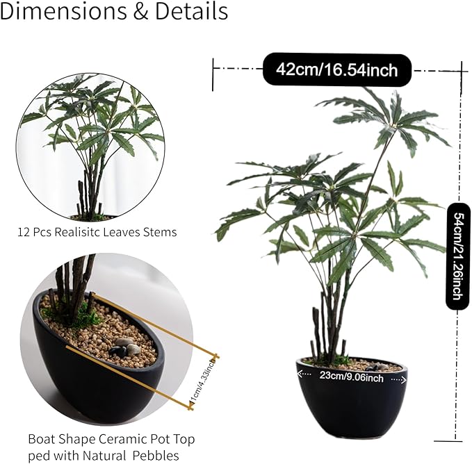 Avoeco Artificial False Aralia-21.2" Plant with Pebbles & Ceramic Pot – Realistic Faux Money Tree – Artificial Bonsai Tree for Home, Office, Boho, Modern,Minimalist & Japanese Decor (Black)