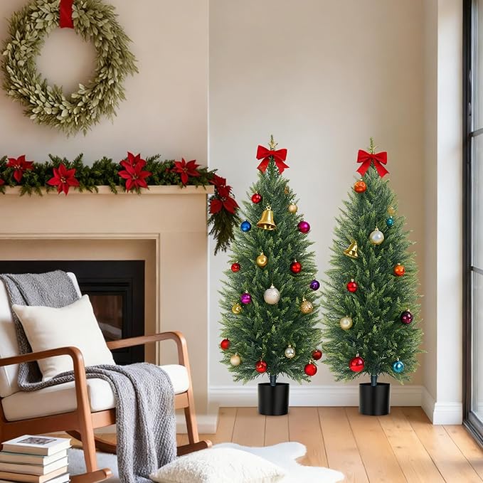 EverNature 4FT Artificial Topiary Cedar Trees, 2Pack Realistic Faux Cypress Plants with Pot, Fake Bushes Pine Tree for Outdoor Front Porch Garden Indoor Christmas Home Decor