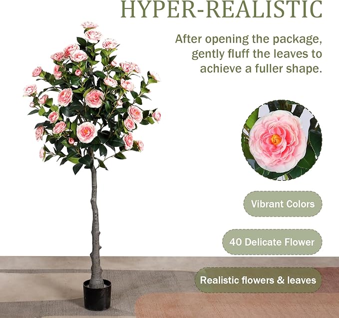 4.9 Ft Artificial Camellia Tree, 40 Flowers, Pink Faux Potted Plant, Indoor Outdoor Decor for Home, Office, Porch, Patio, Pack of 1