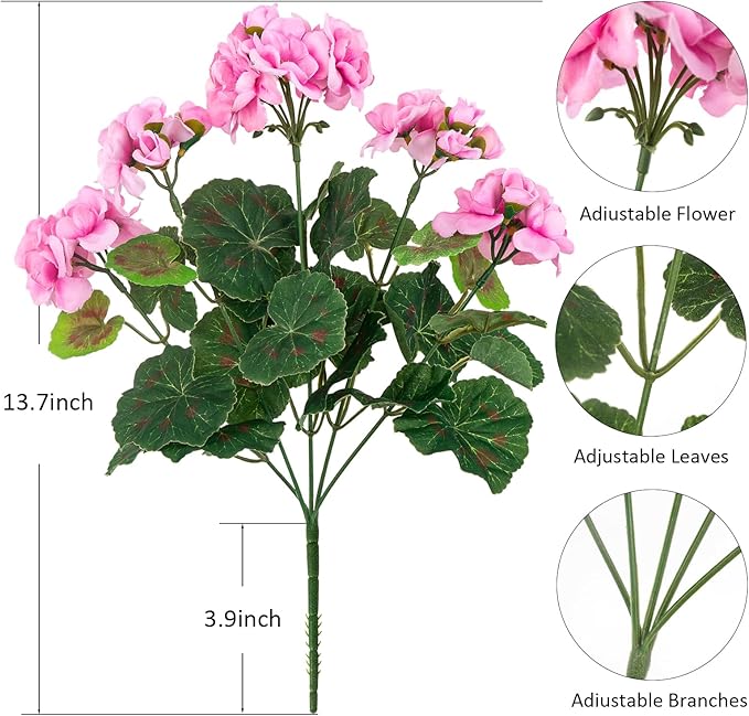 Uqueeten 4PCS Fake Flower Artificial Geranium,Artificial Flowers for Outdoors, Geraniums Artificial Flowers Realistic,Artificial Geraniums for Outdoors Fake Plant Decoration((Pink) 14.4"