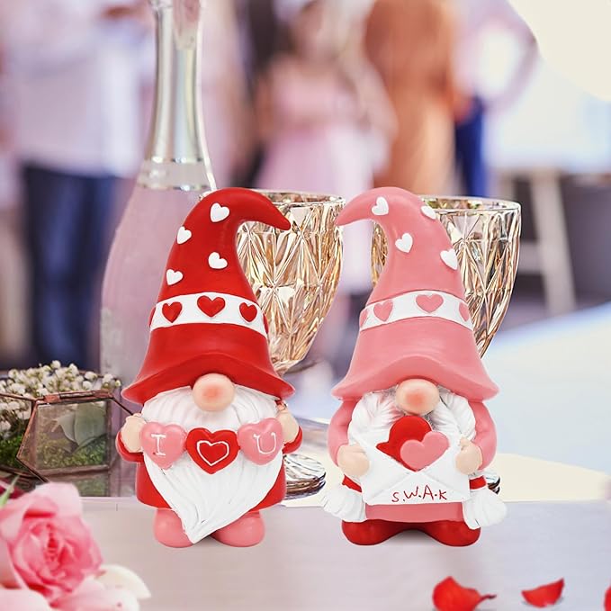 Valentines Day Decorations - Resin Valentines Gnomes Gift for Her - Valentines Day Tiered Tray Decor - Pink Love Valentine Mantle, Table Shelf Display