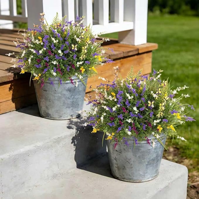 Artificial Fake Flowers for Outdoor Porch Planters Boxes Decoration,12 Bundles Outdoor Faux Fern Plants with Butterfly,UV Resistant Greenery Yard Patio Garden Decor