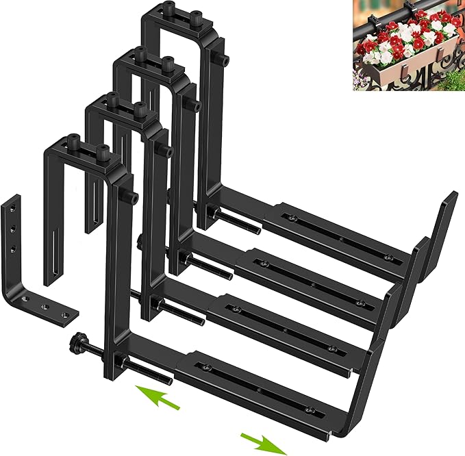 Y&M Window Box Brackets, Heavy Duty Iron Adjustable Planter Flower Box Brackets for Railings, Perfect for Balconies, Fences, and Gardens（4 Packs）