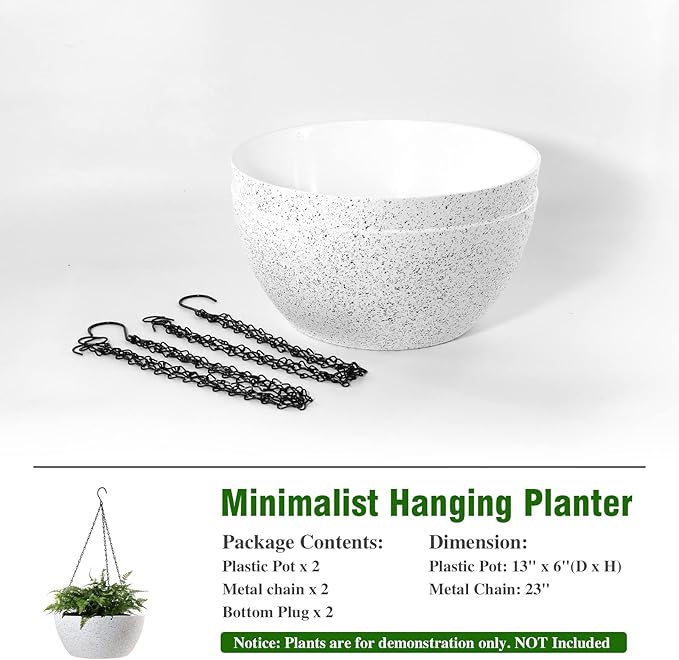 WSMKSZ 13 inch Large Hanging Planters Plant Pots for Outdoor Indoor Plants with Drainage Holes and Chain, 2 Pack Round Hanging Flower Pots for Garden Home Porch Decor, Speckled White