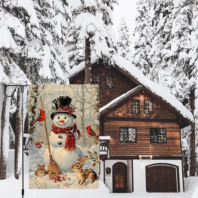 Snowman Garden Flag 12x18 Inch Double Sided Burlap Winter Cardinal Animal Scene Holiday Christmas Yard Flag Small Seasonal Outdoor Welcome Banner for House Porch Lawn Decor