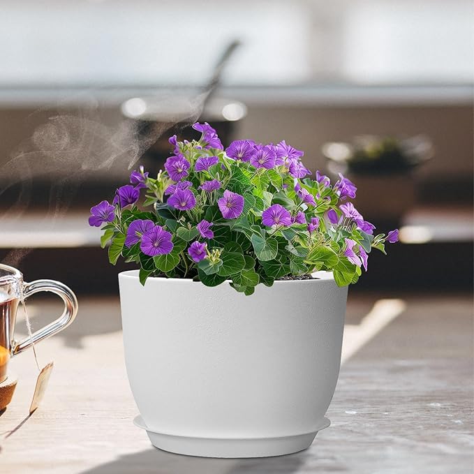 Meowell 12 inch Large Plant Pots, Plastic Planters with Drainage Holes and Saucers, Flower Pots for Indoor Outdoor Plants, Modern Decorative Pots for Garden House Plants, White