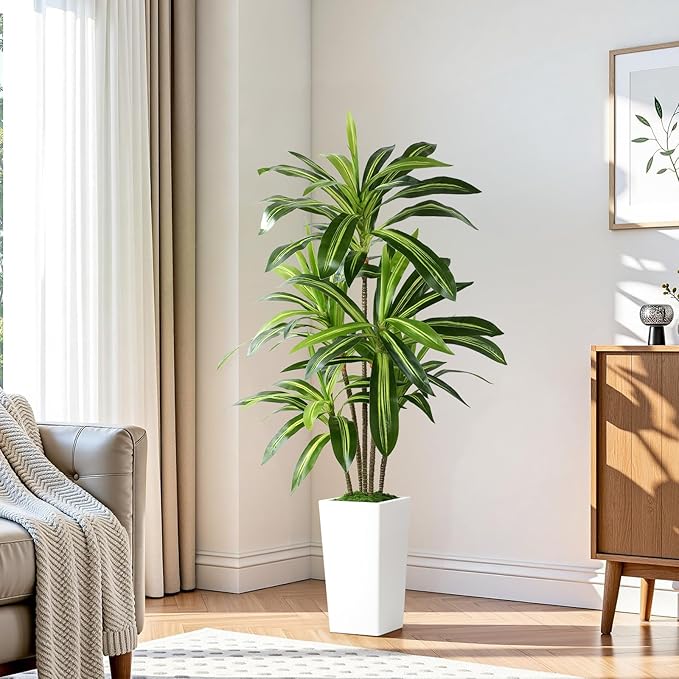 Alupssuc Artificial Dracaena Fake Tree 5FT, White High Pot Artificial Plants Indoor&Outdoor, Fake Plants for Office/Home/Living Room Potted Decoration, 5ft