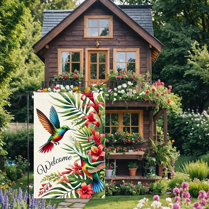Welcome Hummingbird Garden Flag 12x18 Inch Burlap Double Sided Seasonal Colorful Floral Outdoor Home Yard Lawn Rustic Farmhouse Spring Summer Flags
