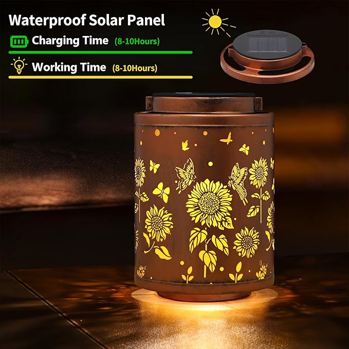 Tepaken 2 Pack Solar Outdoor Lanterns, Garden Decor LED Light Hanging Waterproof Solar Metal Lantern Birthday Gifts for Women Mon Grandma Sunflower Solar Lights Outdoor Decoration(Butterflies)