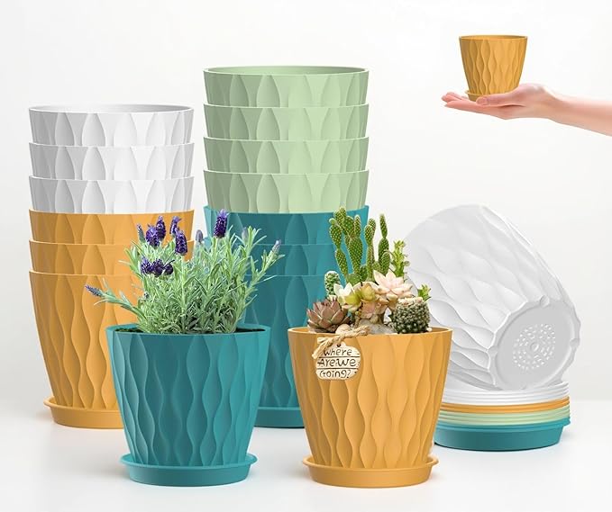zople 16 Pack 4 Inch Plastic Planter Pots with Tray, Heavy Duty Indoor Outdoor Planter Pots with 48 Drainage Holes for Herbs, Succulents, Seedlings, Flowers Durable and Lightweight Multicolour