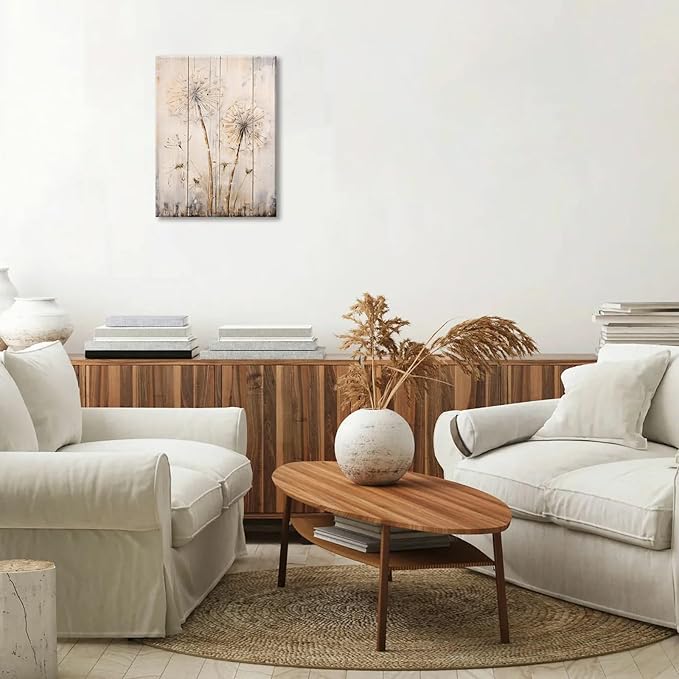 FUNHUA White Dandelion Wood Canvas Wall Art Rustic Home Decor Modern Home Decor for Living Room Home Bedroom Decoration Framed Ready to Hang12 x16