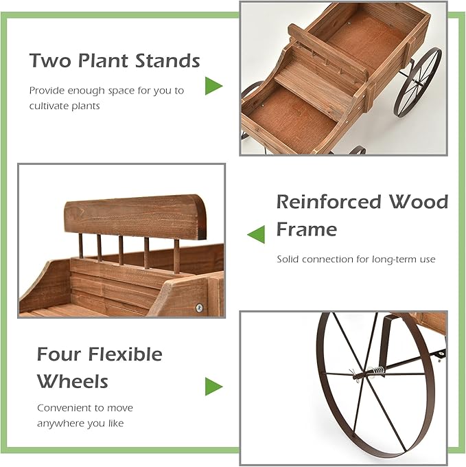 Giantex Decorative Garden Planter, Small Wagon Cart with Metal Wheels, Wood Raised Beds Plant Pot Stand for Backyard Garden Patio 24.5"x13.5"x24" (Natural)