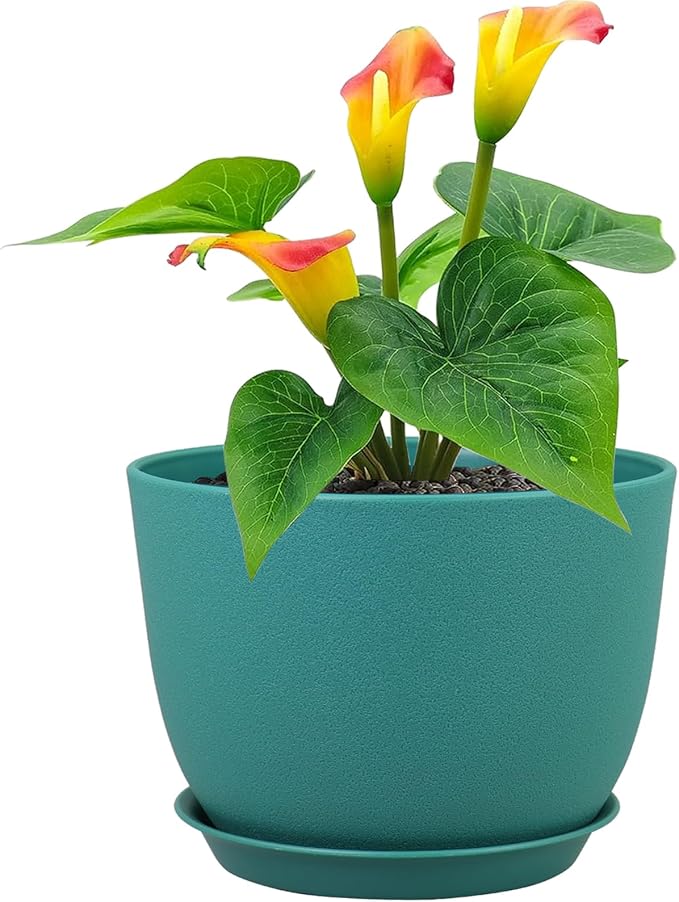 Meowell Plant Pots 12 inch, Plastic Planters with Drainage Holes and Saucers, Large Flower Pots for Indoor Outdoor Plants, Modern Decorative Pots for Garden House Plants, Blue Green