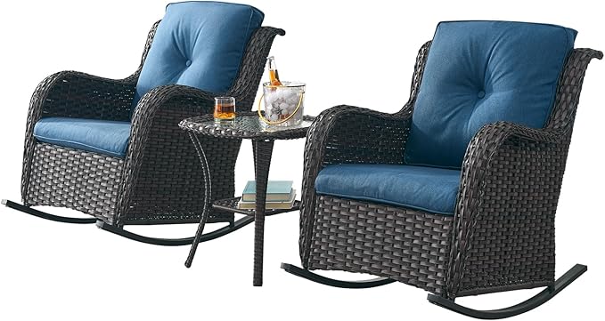 Rilyson Patio Chairs Outdoor Rocking Chair - 3 Piece Wicker Patio Bistro Set Rattan Patio Furniture Rocker Chairs and Side Table for Porch Deck Backyard Garden(Brown/Blue)