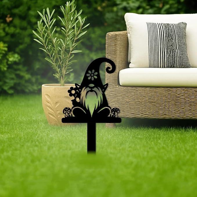 Magilab Personalized Iron Yard Stake - Christmas Cute Gnome Dwarves Decor, 8-Inch Black Metal Garden Sign for Outdoor (Style L)