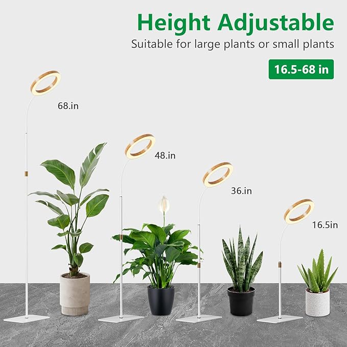 LPMZMBL One Head Grow Light for Indoor Plants Full Spectrum - Floor Standing Plant Lamp with Auto Timer 6/12/18H, 5-Level Dimmable & Adjustable Height 16.5-68in for Large Tall Plants |Faux Wood Design