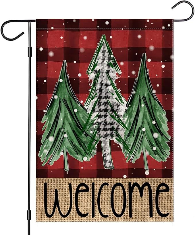 Welcome Red Buffalo Plaid Christmas Trees Garden Flag 12 x 18 Inch Vertical Double Sided Buffalo Plaid Red Holiday Yard Outside Xmas Decor