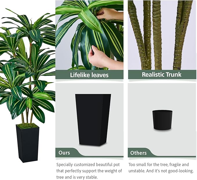 Artificial Dracaena Tree 5FT, Faux Tree with Black Tall Planter, Fake Yucca Tree Tall Faux Plants Indoor, Floor Plant for Home Office Living Room Garden Decor
