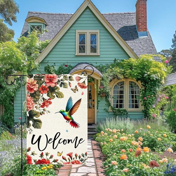 Welcome Hummingbird Garden Flag Outdoor Decor 12x18 Inch Double Sided Small Burlap Yard Outside Lawn Patio Rustic Farmhouse Seasonal Wildflowers Spring Summer Flags Decorations