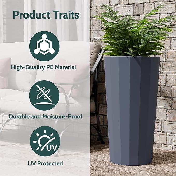 Diyfire 2PCS Tall Planters for Outdoor Plants, 23.6 Inches Large Outdoor Conical Flower Pots for Porch with Drainage Holes and Drainage Baffle, Tapered Large Planters for Garden, Balcony Use, Grey