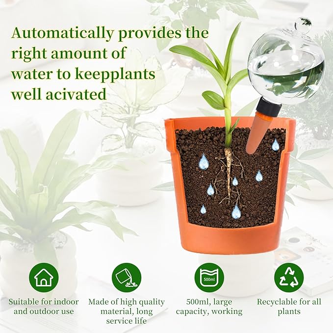 2pcs Plant Self Watering Globes with Covers, Plastic Water Bulbs Top Fill, Plant Watering Devices System Slow Release Terracotta, Water Spikes Stakes for Indoor(2)