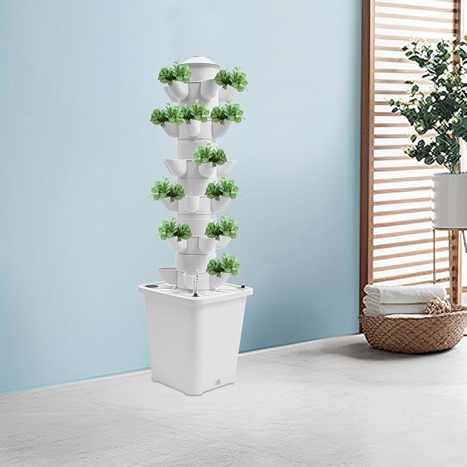 6-Tier Hydroponic Grow Tower Kit, 30 Holes Planting Sites Indoor Garden System with Water Pump, Self-Watering Vertical Gardening Kit for Lettuce, Herbs, Strawberries, Vegetables, Flowers, White
