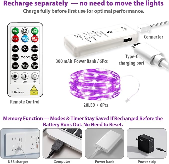 HXWEIYE 6 Pack Rechargeable Fairy Lights Battery Operated with Remote & DIY Timer, 7ft 20LED Mini Twinkle String Light for Mason Jar DIY Wedding Table Centerpieces Party Bedroom Christmas (Purple)