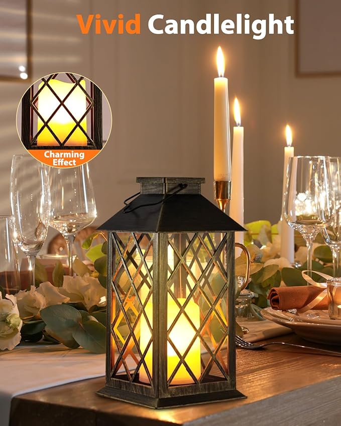 Otdair Solar Lanterns Outdoor Waterproof with Hook, 2 Pack 14" Solar Lantern with Glass Retro LED Flickering Flameless Candle,Lanterns Decorative Outdoor for Gift, Yard, Garden, Patio, Bronzen