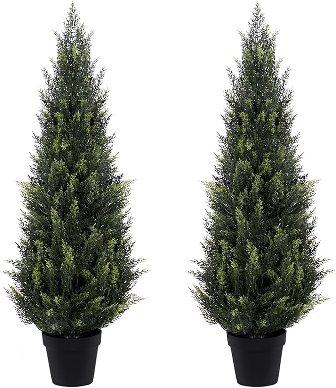 ZEEOZE 3FT Artificial Cedar Topiary Trees (2 Pack) - UV Resistant Faux Evergreen Shrubs Extra Dense Foliage Realistic Fake Pine Cypress Plants Easy Assembly for Front Porch Garden Indoor Office Decor