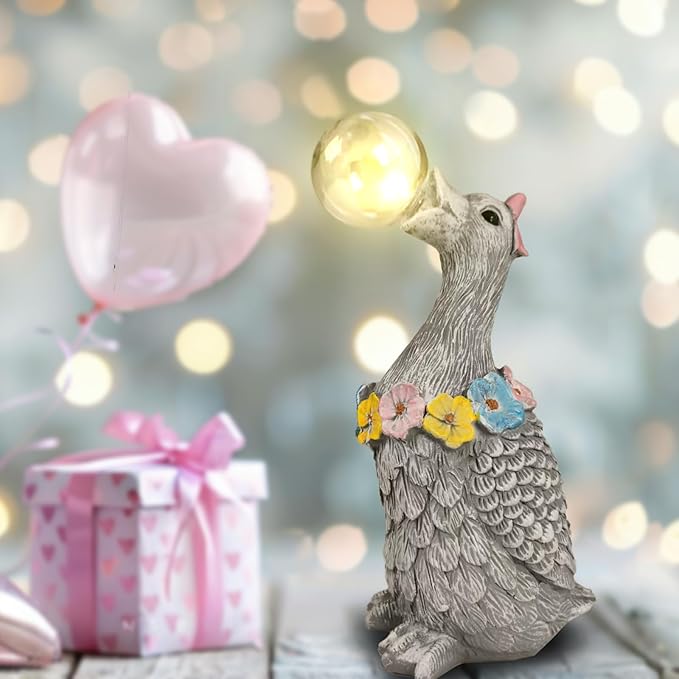 Porch Goose Statue with Solar Bubble Light Garden Gray Figurine Decor for Yard Lawn Patio Outdoor Decorations Housewarming Gifts for Mom Grandma Women