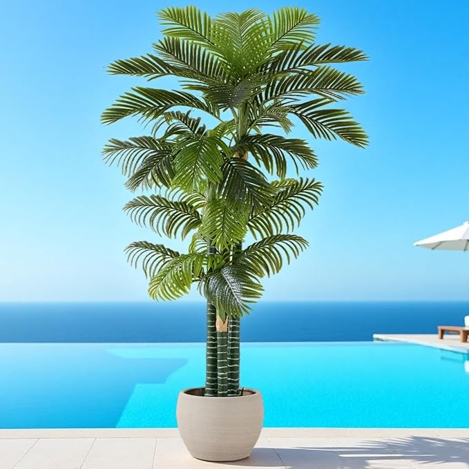 8.5FT Tall Golden Cane Palm Tree with 4 Trunks (1 Pack), Extra Lush Large Faux Plants, UV Resistant Indoor/Outdoor Fake Plant in Heavy Cement Pot - Realistic Tropical Decor for Patio, Home, Office