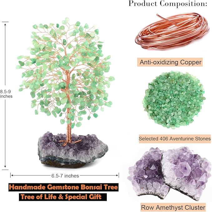 MASGEMES Crystal Tree of Life,Natural Green Aventurine (406 Beads Count) Amethyst Cluster Base, Positive Energy Feng Shui Gem Bonsai Money Tree Good Luck,Gift Size 8.5-9 Inches