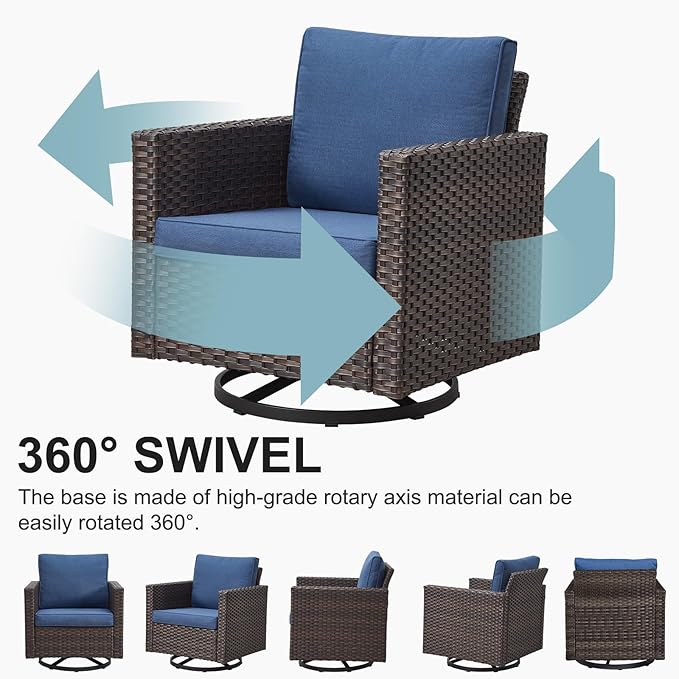 Belord 7 Piece Outdoor Furniture Patio Wicker Sofa Set, Oversize Outdoor Swivel Rocker Chairs with Rattan Ottomans, Conversation Sets Patio Furniture Come with Removable Washable Cushion Blue, Brown
