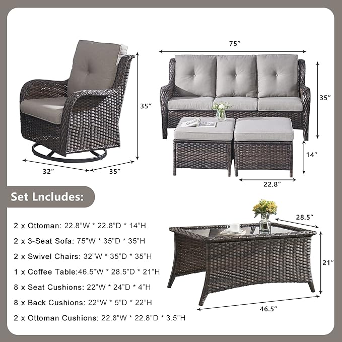 Rilyson Wicker Patio Furniture Set - 7 Piece Rattan Outdoor Sectional Conversation Sets with 2 Rocking Swivel Chairs,2 Ottomans,2 Sofa and 1 Coffee Table for Porch Deck Garden(Brown/Grey)