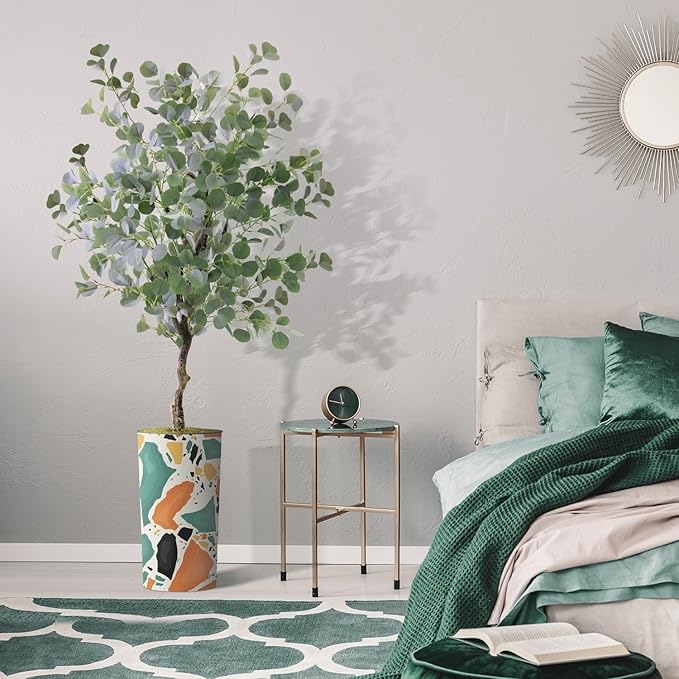 Artificial Tree in Modern Geometric Pattern Planter, Fake Eucalyptus Silk Tree for Indoor and Outdoor Home Decoration - 66" Overall Tall (Plant Pot Plus Tree)