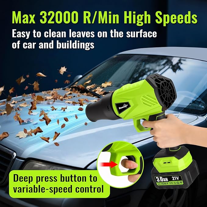 Blumway Leaf Blower Cordless with Battery, 21V Handheld Leaf Blower with 3 Extended Nozzles, Electric Leaf Blowers with 2 Pcs 3.0Ah Batteries, Portable Leaf Blowers for Lawn Care, Leaves,Dust, Car