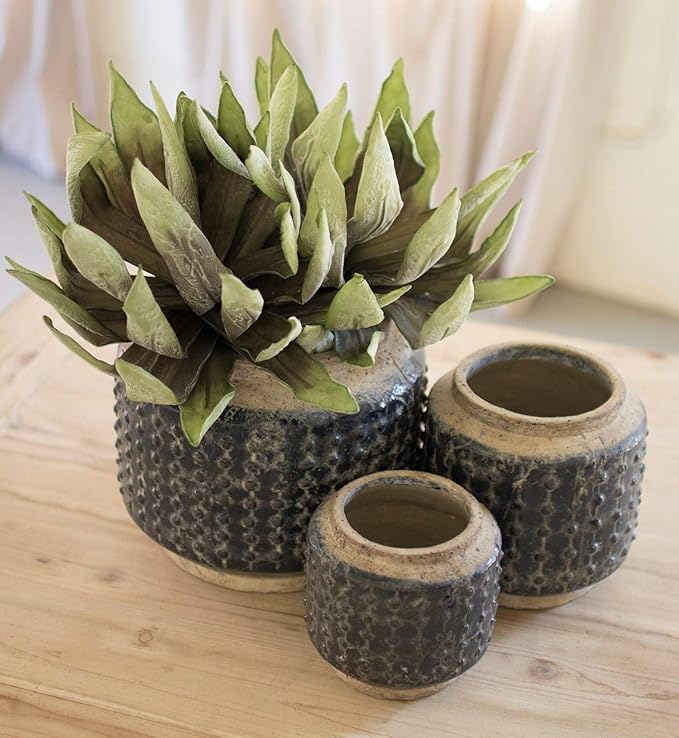 MY SWANKY HOME Dark Blue Two-Tone Ceramic Planters Set Three Round Knobby Mid Century Modern