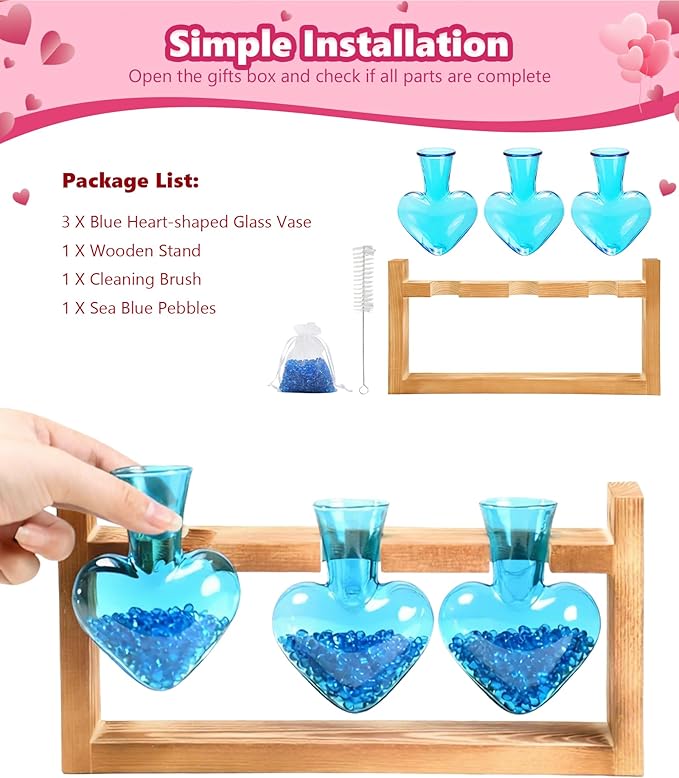 Nacome Plant Terrarium Propagation Stations: Valentines Day Gifts for Her Plant Lovers Women Mom Wife Daughter - 3 Bulb Glass Vase with Wooden Stand Tabletop for Hydroponics Indoor Office Home Decor