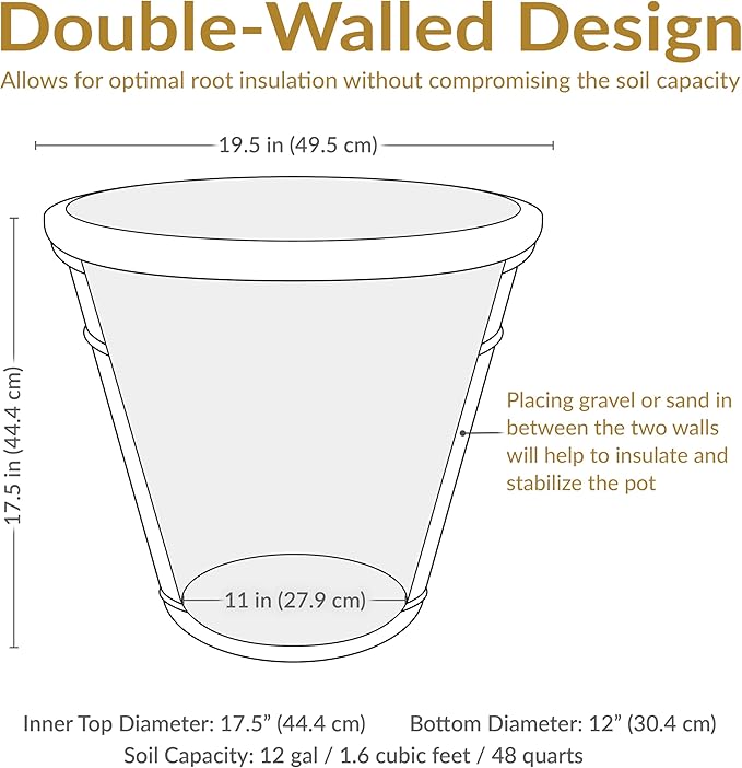 Sunnydaze 19.5-Inch Arabella Large Plant Pot - Polyresin Round Outdoor Planter with Drillable Drainage Holes - Sable