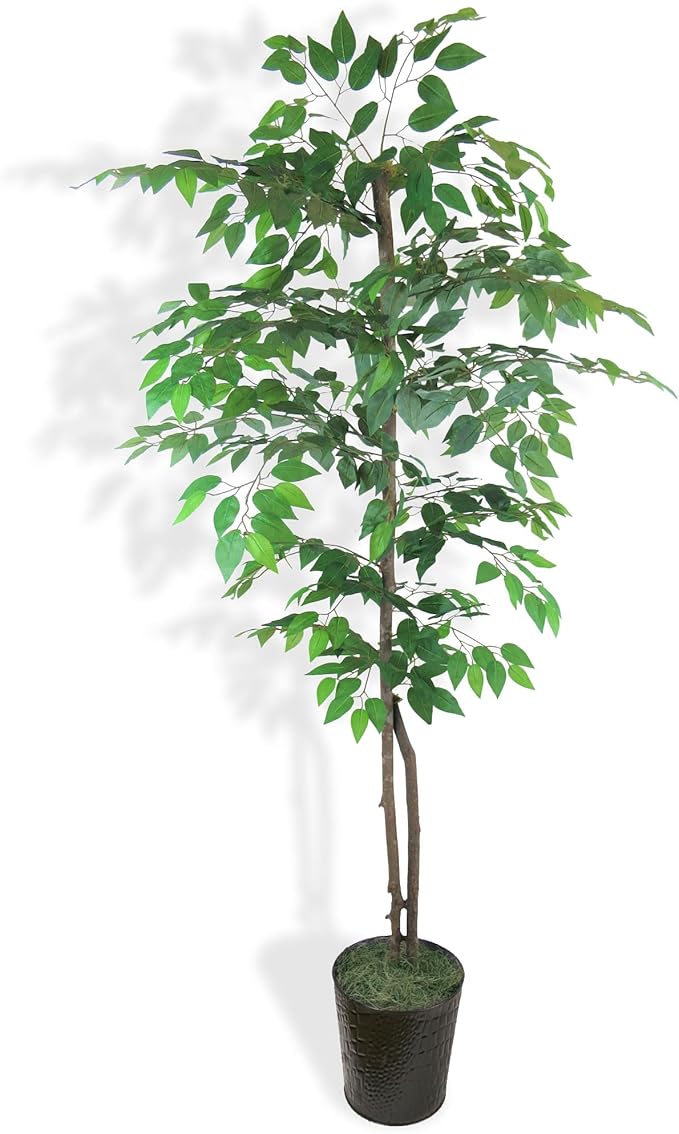 LCG Florals 6ft Artificial Ficus Tree in Black Metal Pot - Real Wood Trunk, Preassembled, No Maintenance Indoor Faux Plant - Living Room, Home & Office Decor