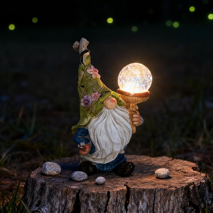 SAMPU CRAFT Garden Gnome Solar Light Statue - Outdoor Decorative Figurine with Crackle Glass Globe, Blue & White Floral Design, Waterproof LED Yard Art for Patio, Lawn, Garden, Porch