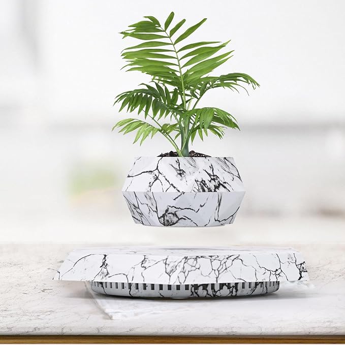Leekimid Levitating Plant Pot, Magnetic Levitation Flower Pot Suspension Floating Plant Succulents, Air Bonsai Potted Plant for Home Decoration, Living Room, Office, Desk (Marble)