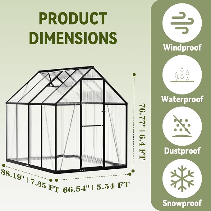 6X7.5 FT Polycarbonate Greenhouse, Walk-in Green House for Outside, Reinforced Aluminum Frame Greenhouses, Heavy Duty Garden, Patio, Backyard Flower Planting
