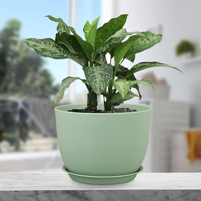 Meowell 12 inch Big Plant Pots, Plastic Planters with Drainage Holes and Trays, Flower Pots for Indoor Outdoor Plants, Modern Decorative Pots for Garden House Plants, Green