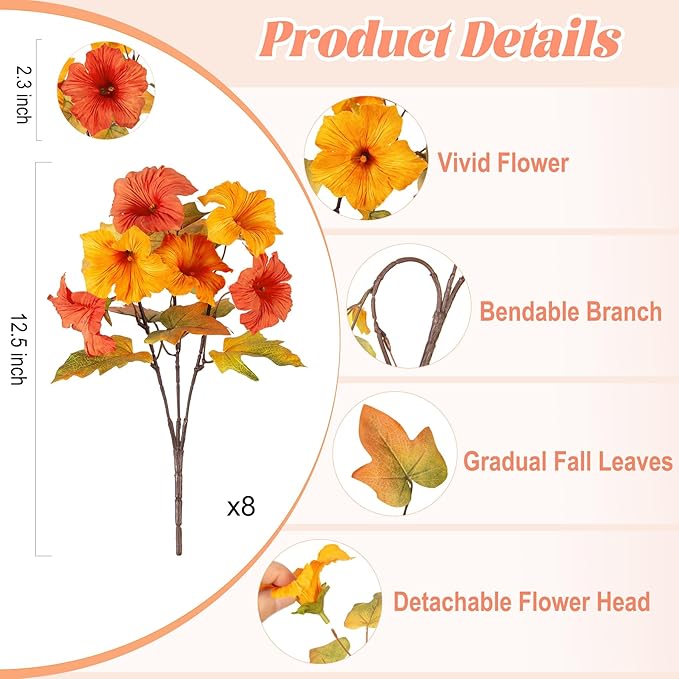 Ammyoo 8 Pcs Fake Fall Flowers Artificial Petunias for Outdoor Decorations, Faux Fall Flowers for Outside UV Resistant Realistic Plants for Garden Porch Patio Indoor Autumn Decor(Orange Yellow)
