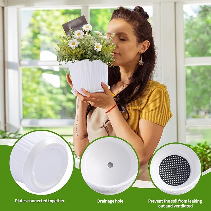 sietpoek Plant Pots - 5.5 Inch Cylinder Ceramic Planters with Connected Saucer, Pots for Succuelnt and Little Snake Plants, Set of 4, White